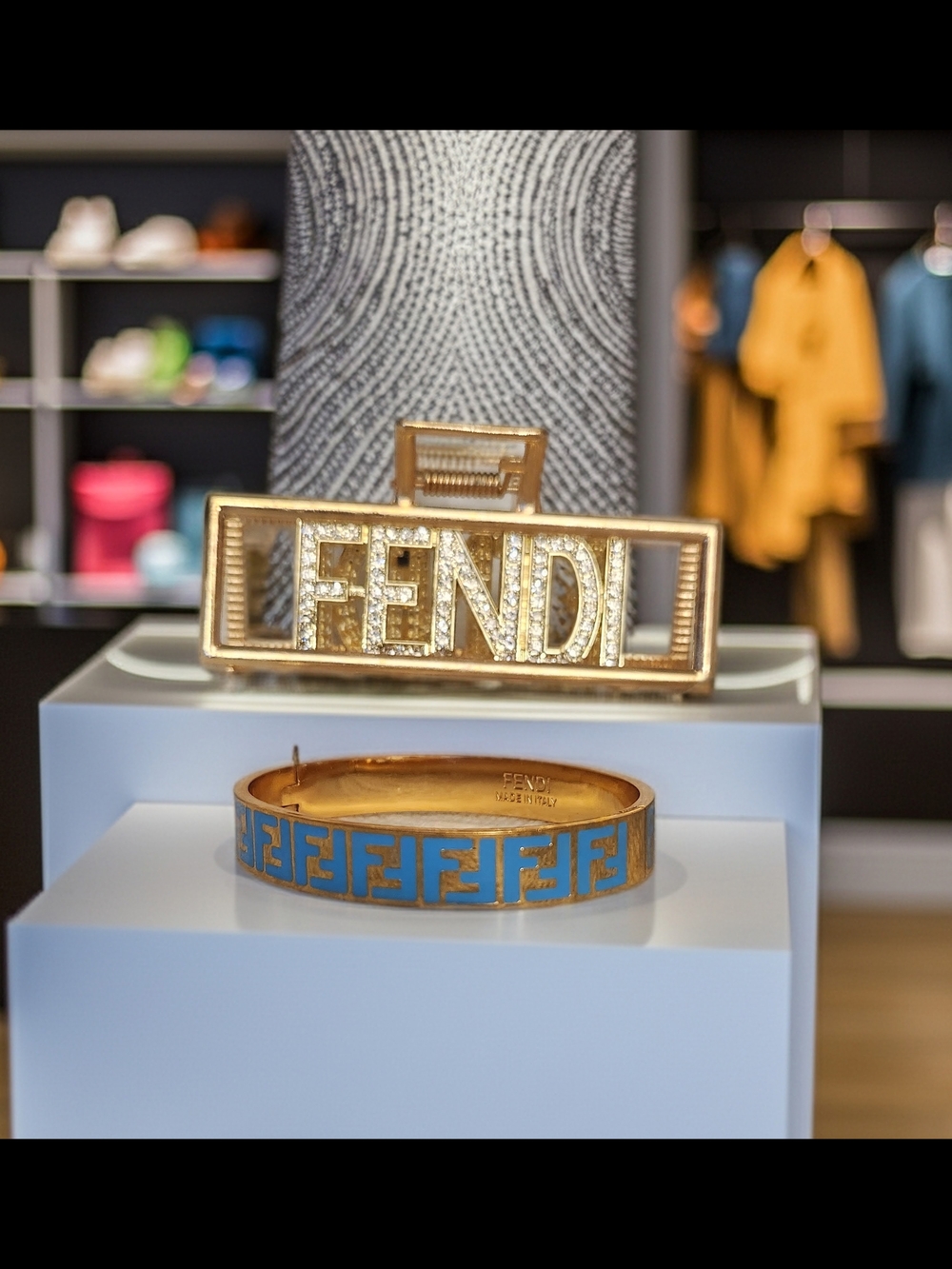 Fendi Forever Blue Enamel Bracelet & Metal Fendi Hair Clip in Gold